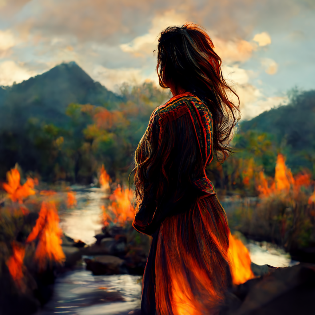 Ridi_woman_nearby_a_river_trees_mountains_windy_fire_burning